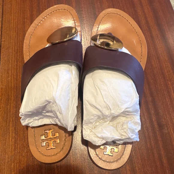 TORY BURCH Pre Owned Patos Leather Gold Disk Sandals Thongs 9 - Picture 3 of 6